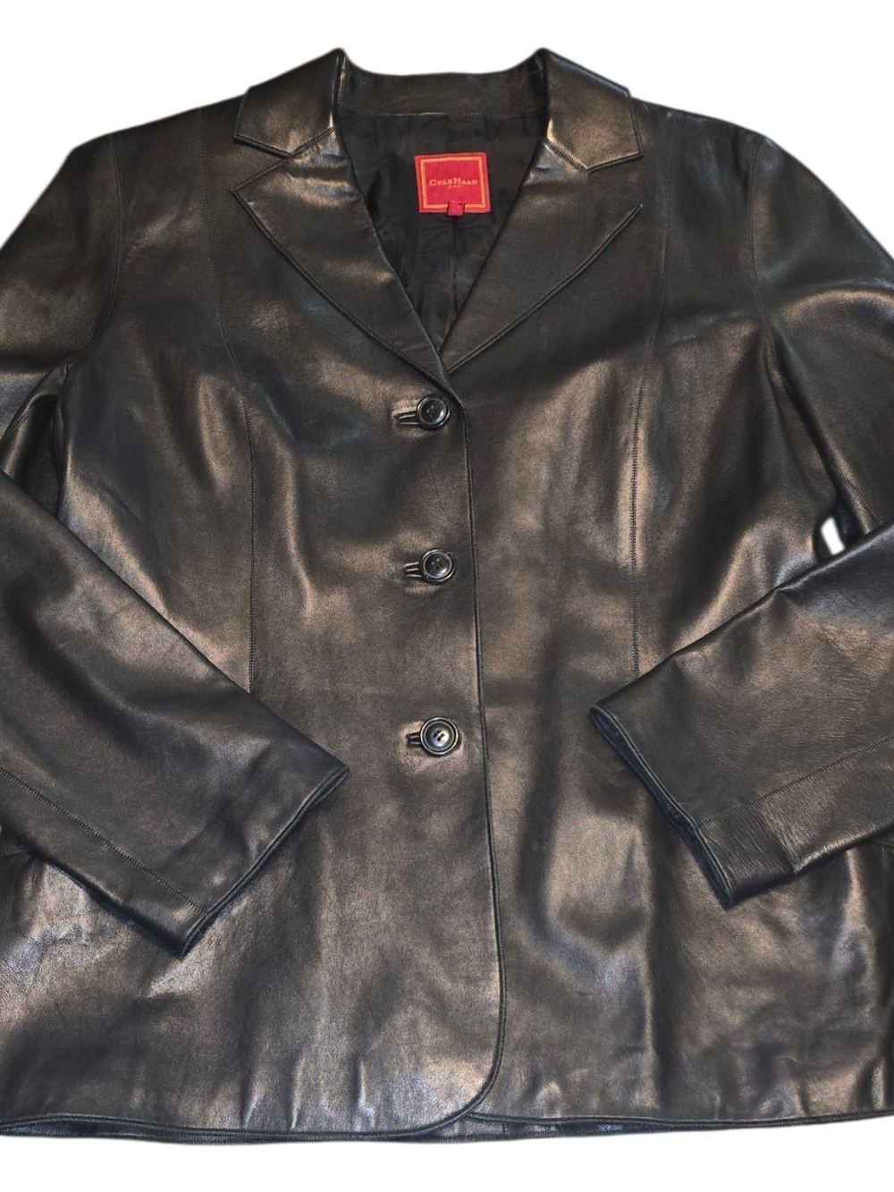Vintage Cole Haan City Black Leather Blazer Womens 12 Y2K Minimalist Career Jack